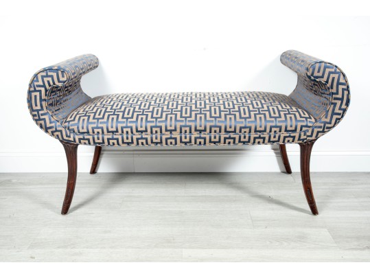 Contemporary Upholstered Blue/Cream Satin Bench