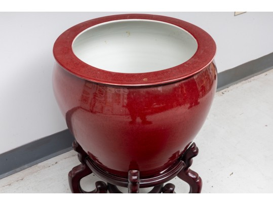 Red Ceramic Chinese Fishbowl Planter & Stand