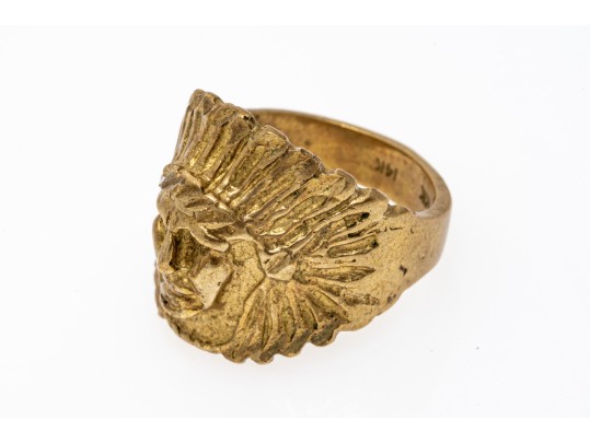14k Gold Plated Brass Indian Head Ring, Diamond Cut, Size 9