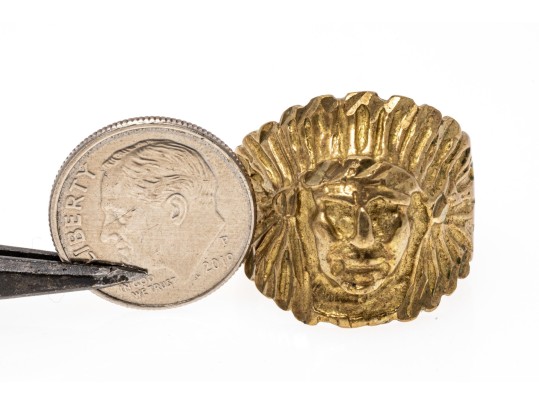 14k Gold Plated Brass Indian Head Ring, Diamond Cut, Size 9