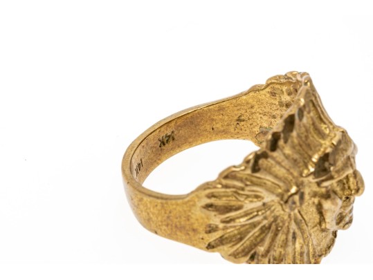 14k Gold Plated Brass Indian Head Ring, Diamond Cut, Size 9
