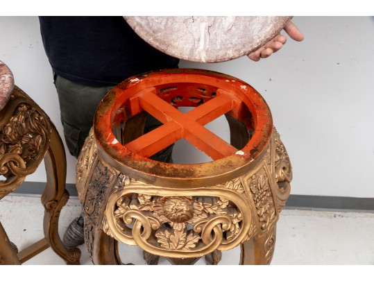 Pair Of Oriental Marble Top Incised Pedestal Stands 