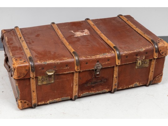 Vintage Red Leather Flat Steamer Trunk