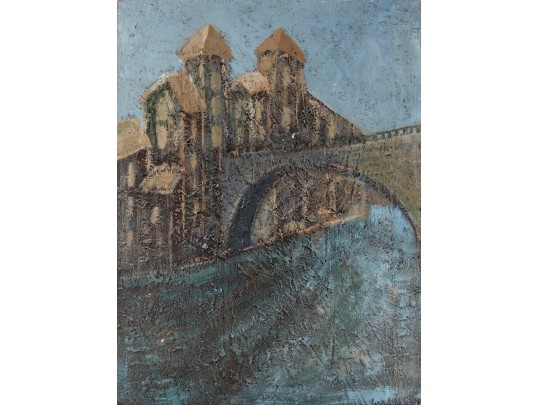 Textured Oil On Board Aqueduct Impressionist Painting -- Unknown Artist
