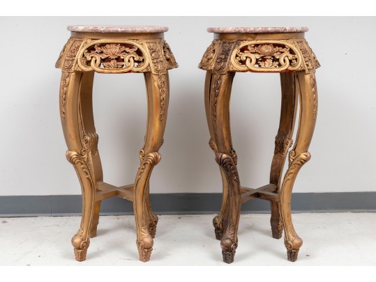 Pair Of Oriental Marble Top Incised Pedestal Stands 