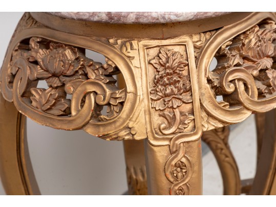 Pair Of Oriental Marble Top Incised Pedestal Stands 