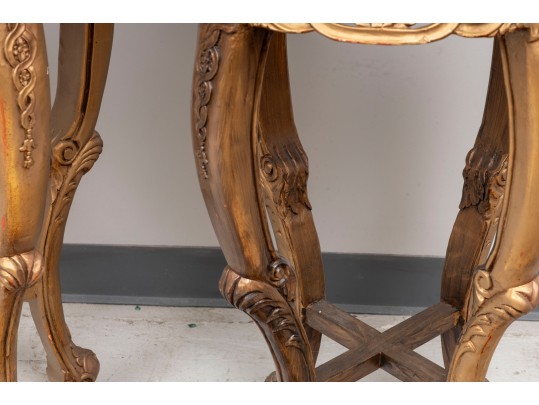 Pair Of Oriental Marble Top Incised Pedestal Stands 