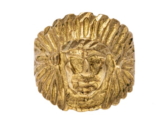 14k Gold Plated Brass Indian Head Ring, Diamond Cut, Size 9