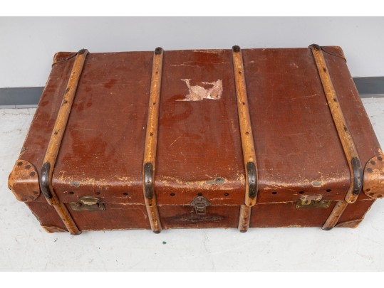 Vintage Red Leather Flat Steamer Trunk