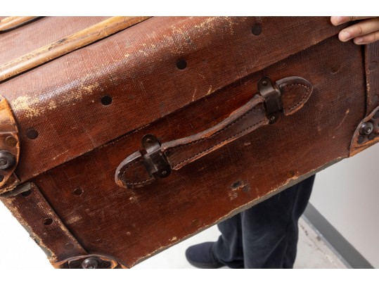 Vintage Red Leather Flat Steamer Trunk