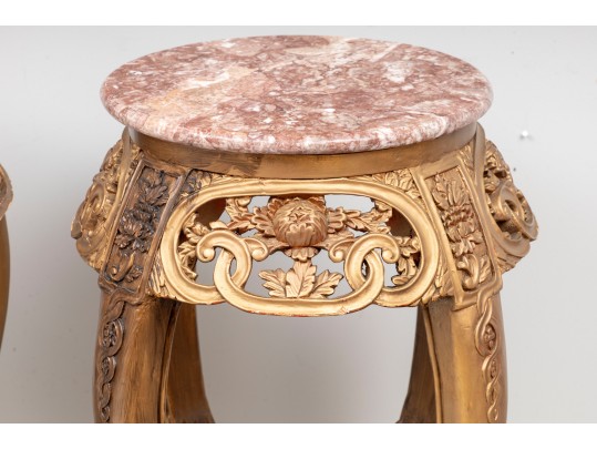 Pair Of Oriental Marble Top Incised Pedestal Stands 