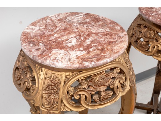 Pair Of Oriental Marble Top Incised Pedestal Stands 