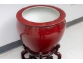 Red Ceramic Chinese Fishbowl Planter & Stand