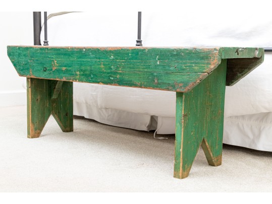 Antique Farmhouse Painted Wood Bench In Green