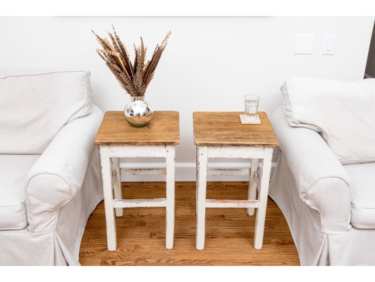 Pair Fabulous French Country Rustic Painted Taborets