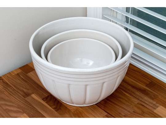 Three Roseville Pottery White Glazed Ceramic Mixing Bowls