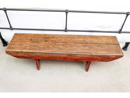 Antique Farmhouse Painted Wood Bench In Red