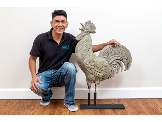 Antique Cast Lead Sculpturesque Rooster On Stand