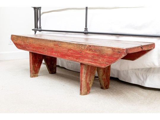 Antique Farmhouse Painted Wood Bench In Red