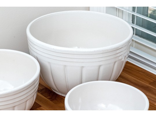 Three Roseville Pottery White Glazed Ceramic Mixing Bowls