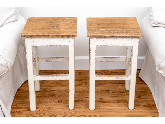 Pair Fabulous French Country Rustic Painted Taborets