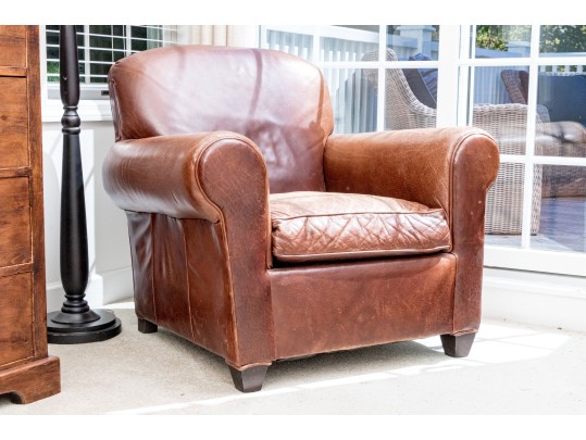 Vintage Crate & Barrel Leather Upholstered Club Chair And Throw Blanket