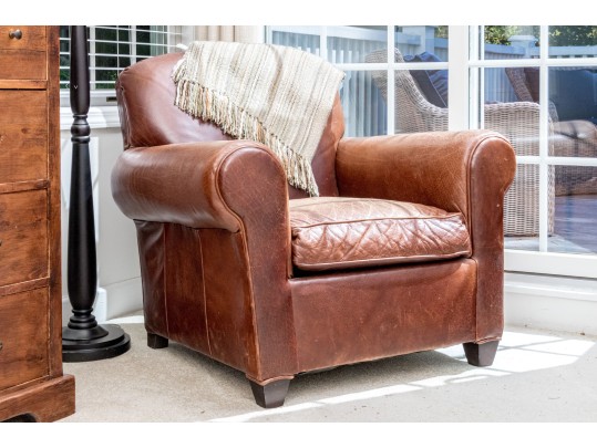 Vintage Crate & Barrel Leather Upholstered Club Chair And Throw Blanket