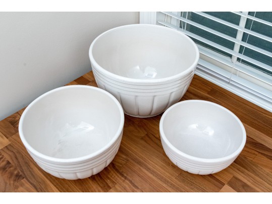 Three Roseville Pottery White Glazed Ceramic Mixing Bowls