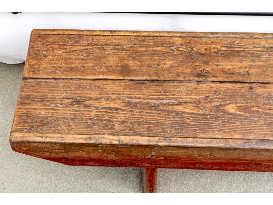 Antique Farmhouse Painted Wood Bench In Red