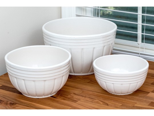 Three Roseville Pottery White Glazed Ceramic Mixing Bowls