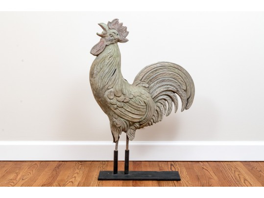 Antique Cast Lead Sculpturesque Rooster On Stand