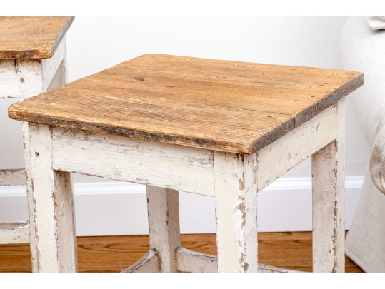 Pair Fabulous French Country Rustic Painted Taborets