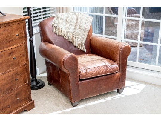 Vintage Crate & Barrel Leather Upholstered Club Chair And Throw Blanket