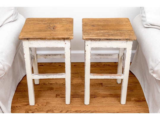 Pair Fabulous French Country Rustic Painted Taborets