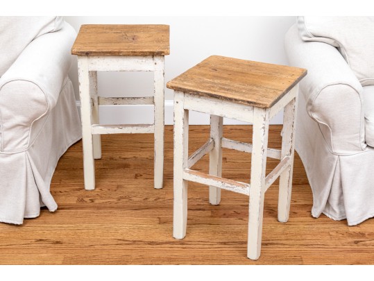 Pair Fabulous French Country Rustic Painted Taborets