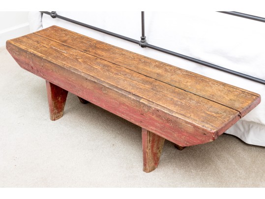 Antique Farmhouse Painted Wood Bench In Red