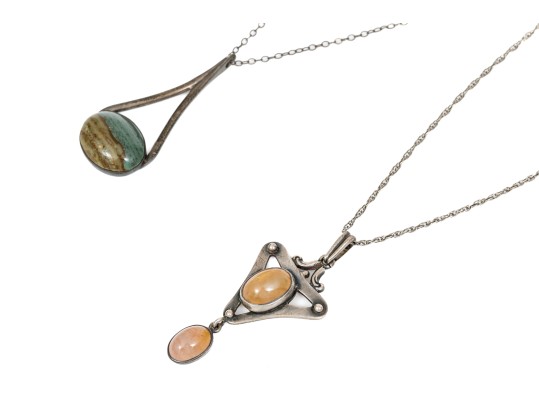 Sterling Silver Lovely Pair Of Complementary Chalcedony And Agate Pendants, With Chains