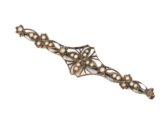14k Gold Pretty Antique Filigree And Seed Pearl Bar Pin
