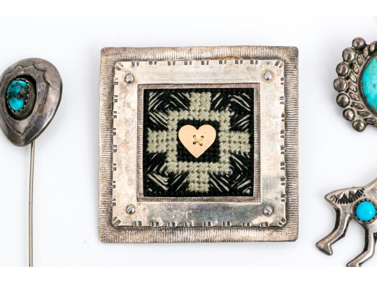 Sterling Silver, 800 Silver And Silver Plate Collection Of Southwestern Motif Jewelry Pieces