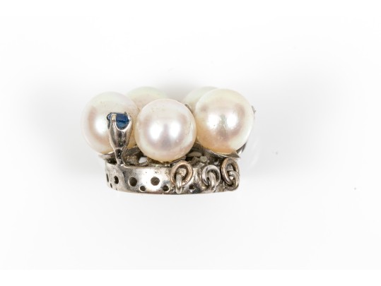 14k White Gold Vintage 6.5mm Cultured Pearl And Sapphire Cluster Half Bead Clasp