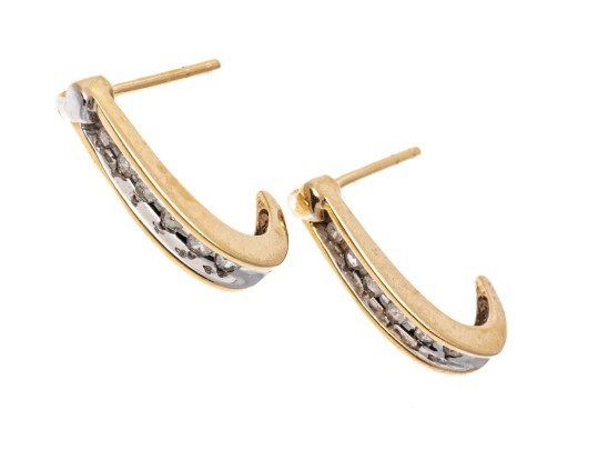 A Classic Pair Of 14K & Diamond J-Hoop Style Earrings
