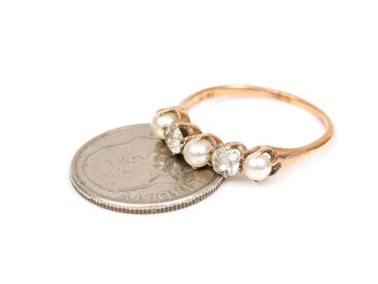 14k Pretty Antique Cultured Pearl And Diamond Band Ring, Size 5.25+, App. 0.16 TCW