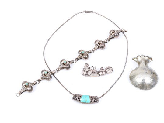 Lot Of Eclectic Sterling Silver Jewelry Pieces, Including Vessel Motifs And A Ball Bracelet