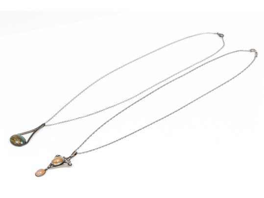 Sterling Silver Lovely Pair Of Complementary Chalcedony And Agate Pendants, With Chains