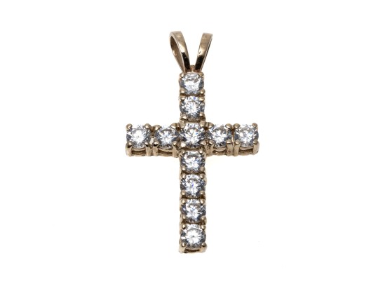A 14K Yellow Gold Crucifix Pendant Set With CZ Stones
