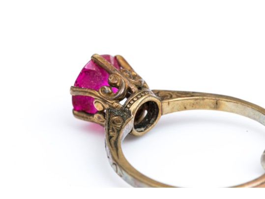 10k Handsome Vintage Patterned Solitaire Mounting, Set With A Synthetic Ruby, Size 7.5