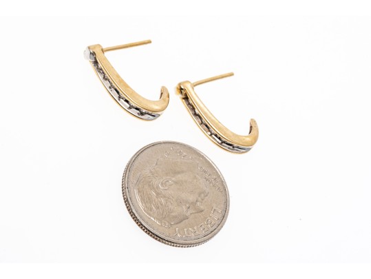 A Classic Pair Of 14K & Diamond J-Hoop Style Earrings