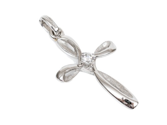 14k White Gold Pretty Contemporary Swirled Cross, White Sapphire Center