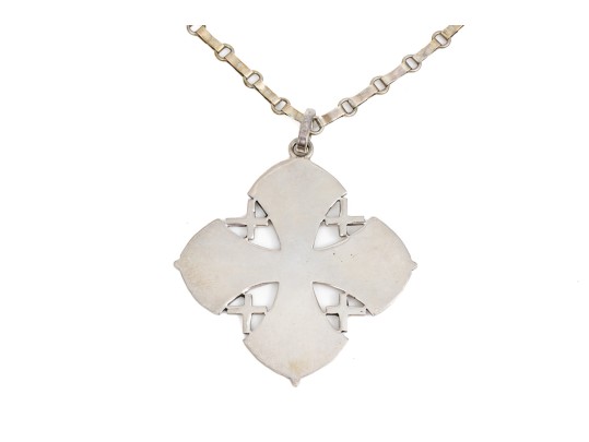 Sterling Silver Large Jeruselum Cross Pendant, Displayed On A Hand Wrought Chain
