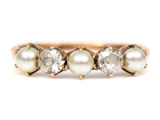 14k Pretty Antique Cultured Pearl And Diamond Band Ring, Size 5.25+, App. 0.16 TCW